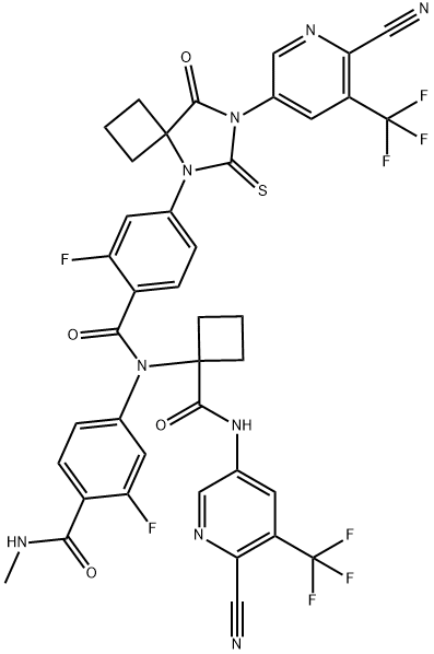 Benzamide, N-[1-[[[6-cyano-5-(trifluoromethyl)-3-pyridinyl]amino]carbonyl]cyclobutyl]-4-[7-[6-cyano-5-(trifluoromethyl)-3-pyridinyl]-8-oxo-6-thioxo-5,7-diazaspiro[3.4]oct-5-yl]-2-fluoro-N-[3-fluoro-4-[(methylamino)carbonyl]phenyl]- Struktur