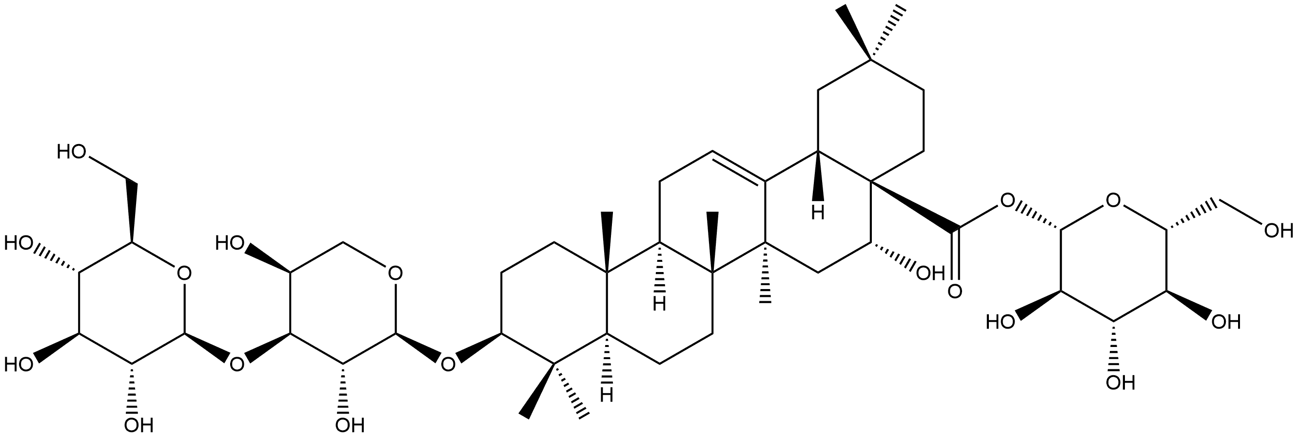 Olean-12-en-28-oic acid, 3-[(3-O-β-D-glucopyranosyl-α-L-arabinopyranosyl)oxy]-16-hydroxy-, β-D-glucopyranosyl ester, (3β,16α)- (9CI) Struktur