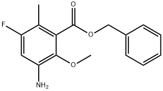Benzoic acid, 3-amino-5-fluoro-2-methoxy-6-methyl-, phenylmethyl ester Struktur
