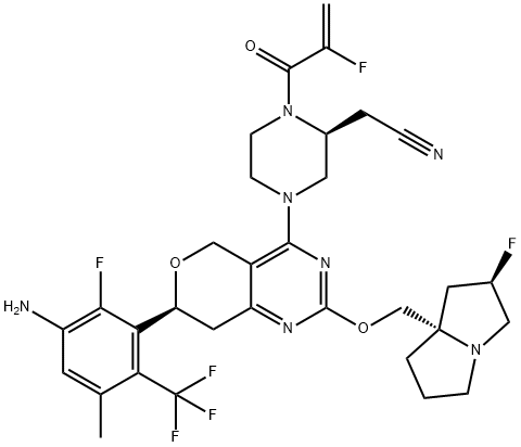 2-Piperazineacetonitrile, 4-[(7S)-7-[3-amino-2-fluoro-5-methyl-6-(trifluoromethyl)phenyl]-2-[[(2R,7aS)-2-fluorotetrahydro-1H-pyrrolizin-7a(5H)-yl]methoxy]-7,8-dihydro-5H-pyrano[4,3-d]pyrimidin-4-yl]-1-(2-fluoro-1-oxo-2-propen-1-yl)-, (2S)- Structure