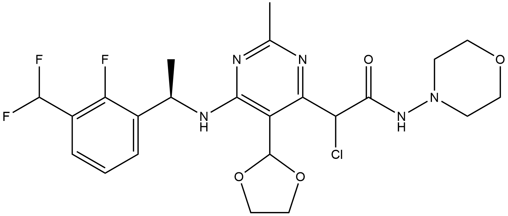 2-chloro-2-(6-(((R)-1-(3-(difluoromethyl)-2-fluorophenyl)ethyl)amino)-5-(1,3-dioxolane-2-yl)-2-methylpyrimidin-4-yl)-N-morpholinoacetamide Struktur