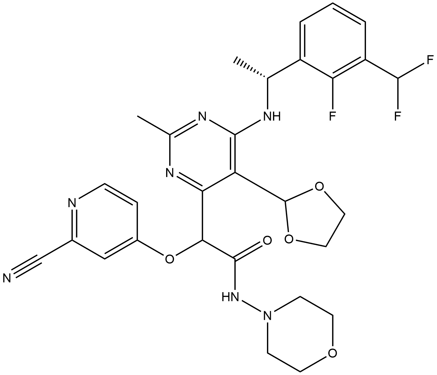 2-((2-cyanopyridin-4-yl)oxy)-2-(6-(((R)-1-(3-(difluoromethyl)-2-fluorophenyl)ethyl)amino)-5-(1,3-dioxolan-2-yl)-2-methylpyrimidin-4-yl)-N-morpholinoacetamide 结构式