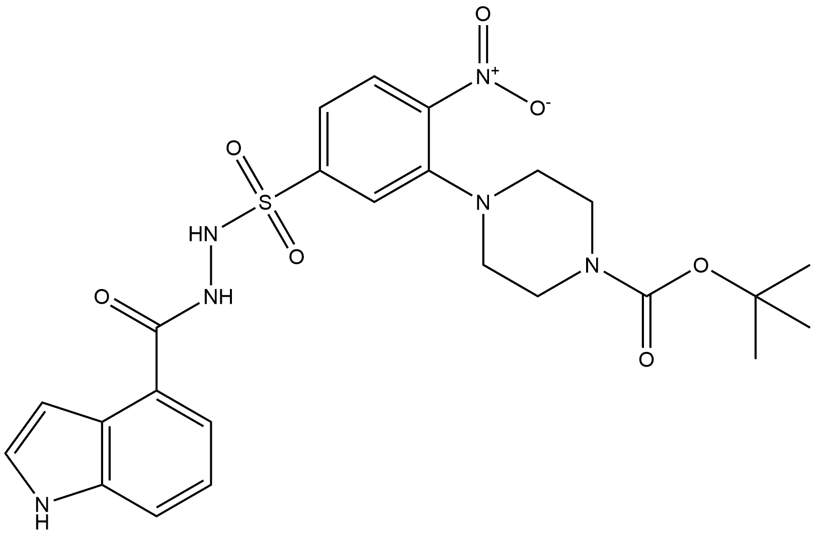 tert-butyl 4-(5-((2-(1H-indole-4-carbonyl)hydrazinyl)sulfonyl)-2-nitrophenyl)piperazine-1-carboxylate 结构式