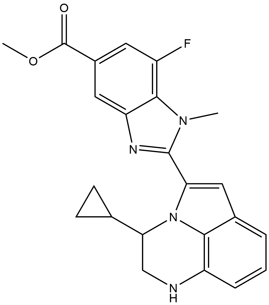 methyl 2-(11-cyclopropyl-1,9-diazatricyclo[6.3.1.04,12]dodeca-2,4(12),5,7-tetraen-2-yl)-7-fluoro-1-methyl-benzimidazole-5-carboxylate 结构式