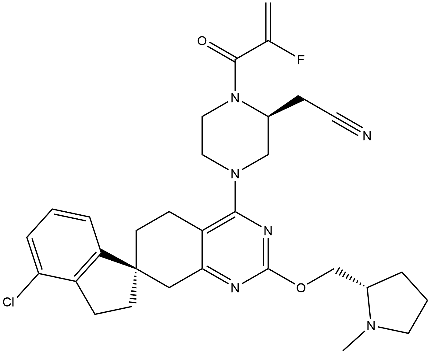 2-Piperazineacetonitrile, 4-[(1R)-4-chloro-2,3,5′,8′-tetrahydro-2′-[[(2S)-1-methyl-2-pyrrolidinyl]methoxy]spiro[1H-indene-1,7′(6′H)-quinazolin]-4′-yl]-1-(2-fluoro-1-oxo-2-propen-1-yl)-, (2S)- Structure