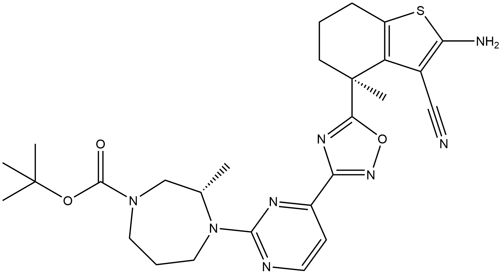 tert-butyl (S)-4-(4-(5-((S)-2-amino-3-cyano-4-methyl-4,5,6,7-tetrahydrobenzo[b]thiophen-4-yl)-1,2,4-oxadiazol-3-yl)pyrimidin-2-yl)-3-methyl-1,4-diazepane-1-carboxylate Struktur