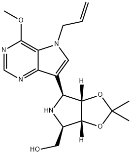 4H-1,3-Dioxolo4,5-cpyrrole-4-methanol, tetrahydro-6-4-methoxy-5-(2-propenyl)-5H-pyrrolo3,2-dpyrimidin-7-yl-2,2-dimethyl-, (3aR,4R,6S,6aS)- Struktur