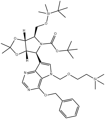 5H-1,3-Dioxolo4,5-cpyrrole-5-carboxylic acid, 4-(1,1-dimethylethyl)dimethylsilyloxymethyltetrahydro-2,2-dimethyl-6-4-(phenylmethoxy)-5-2-(trimethylsilyl)ethoxymethyl-5H-pyrrolo3,2-dpyrimidin-7-yl-, 1,1-dimethylethyl ester, (3aR,4R,6S,6aS)- Struktur