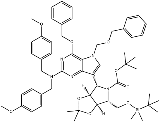 5H-1,3-Dioxolo4,5-cpyrrole-5-carboxylic acid, 4-2-bis(4-methoxyphenyl)methylamino-4-(phenylmethoxy)-5-(phenylmethoxy)methyl-5H-pyrrolo3,2-dpyrimidin-7-yl-6-(1,1-dimethylethyl)dimethylsilyloxymethyltetrahydro-2,2-dimethyl-, 1,1-dimethylethyl ester, (3aS,4S Struktur