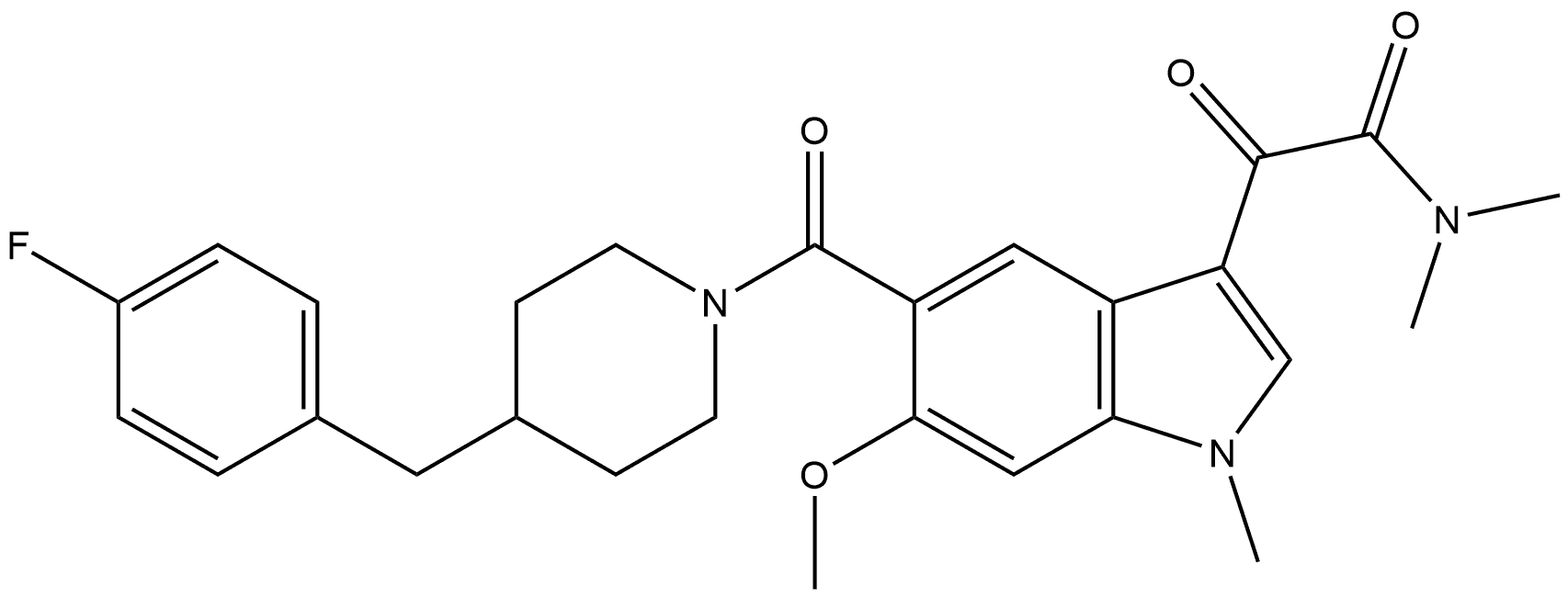 1H-Indole-3-acetamide, 5-[[4-[(4-fluorophenyl)methyl]-1-piperidinyl]carbonyl]-6-methoxy-N,N,1-trimethyl-α-oxo- 结构式