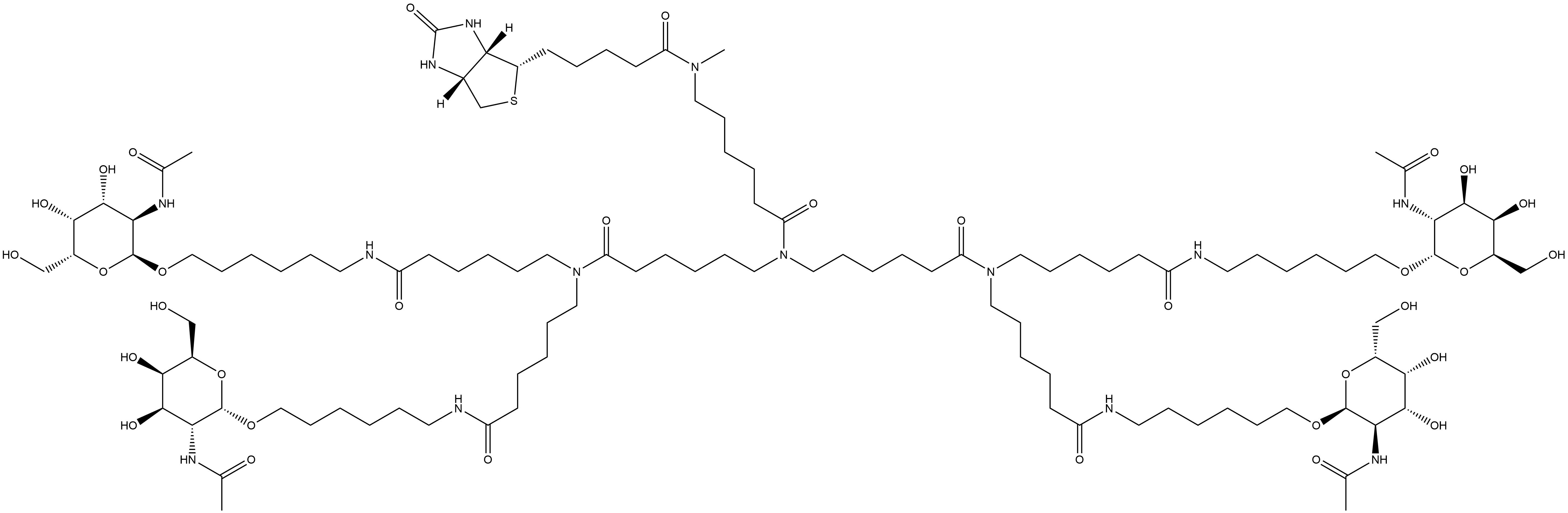(3aS,4S,6aR)-N-[6-[Bis[6-[bis[6-[[6-[[2-(acetylamino)-2-deoxy-α-D-galactopyranosyl]oxy]hexyl]amino]-6-oxohexyl]amino]-6-oxohexyl]amino]-6-oxohexyl]hexahydro-N-methyl-2-oxo-1H-thieno[3,4-d]imidazole-4-pentanamide Struktur