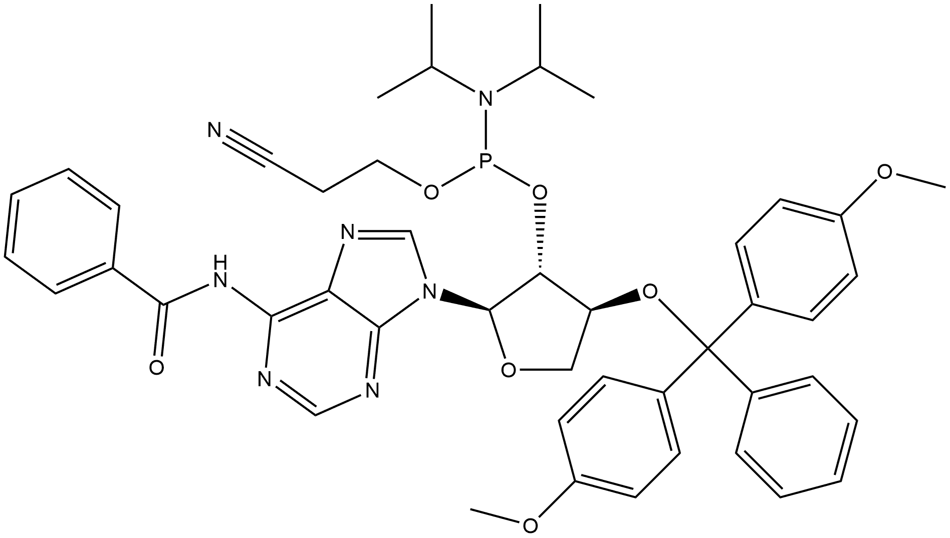 Phosphoramidous acid, N,N-bis(1-methylethyl)-, (2R,3R,4S)-2-[6-(benzoylamino)-9H-purin-9-yl]-4-[bis(4-methoxyphenyl)phenylmethoxy]tetrahydro-3-furanyl 2-cyanoethyl ester Structure