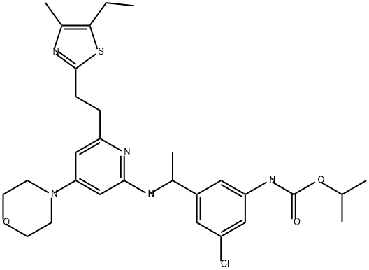 Carbamic acid, N-[3-chloro-5-[1-[[6-[2-(5-ethyl-4-methyl-2-thiazolyl)ethyl]-4-(4-morpholinyl)-2-pyridinyl]amino]ethyl]phenyl]-, 1-methylethyl ester Structure