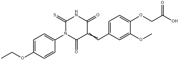 2-[4-[(E)-[1-(4-ethoxyphenyl)-4,6-dioxo-2-sulfanylidene-1,3-diazinan-5-ylidene]methyl]-2-methoxyphenoxy]acetic acid Structure