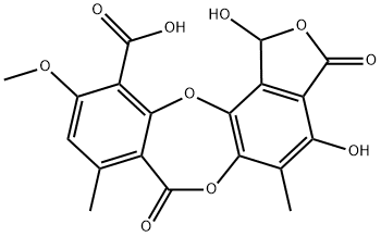 7H-Isobenzofuro[4,5-b][1,4]benzodioxepin-11-carboxylic acid, 1,3-dihydro-1,4-dihydroxy-10-methoxy-5,8-dimethyl-3,7-dioxo- Struktur