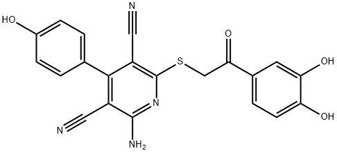 3,5-Pyridinedicarbonitrile, 2-amino-6-[[2-(3,4-dihydroxyphenyl)-2-oxoethyl]thio]-4-(4-hydroxyphenyl)- Struktur