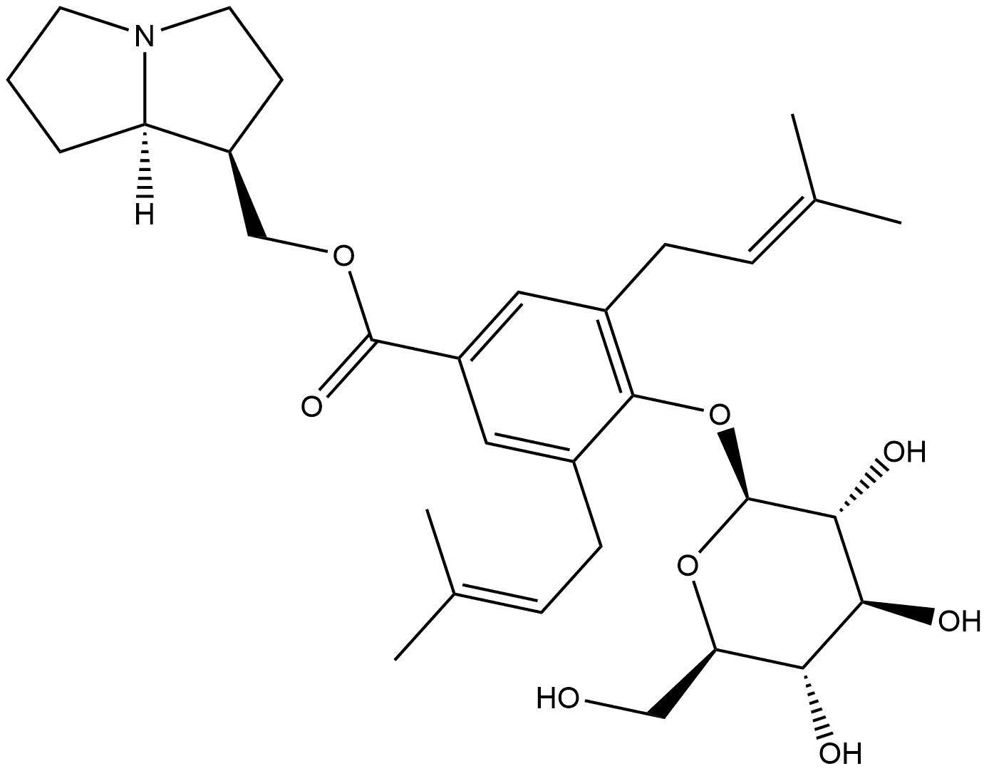 4-(β-D-Glucopyranosyloxy)-3,5-bis(3-methyl-2-butenyl)benzoic acid [(4S,5β)-1-azabicyclo[3.3.0]octan-4-yl]methyl ester Structure
