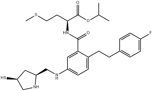 N-[2-[2-(4-Fluorophenyl)ethyl]-5-[[[(2S,4S)-4-mercapto-2-pyrrolidinyl]methyl]amino]benzoyl]-L-methionine 1-methylethyl ester Structure