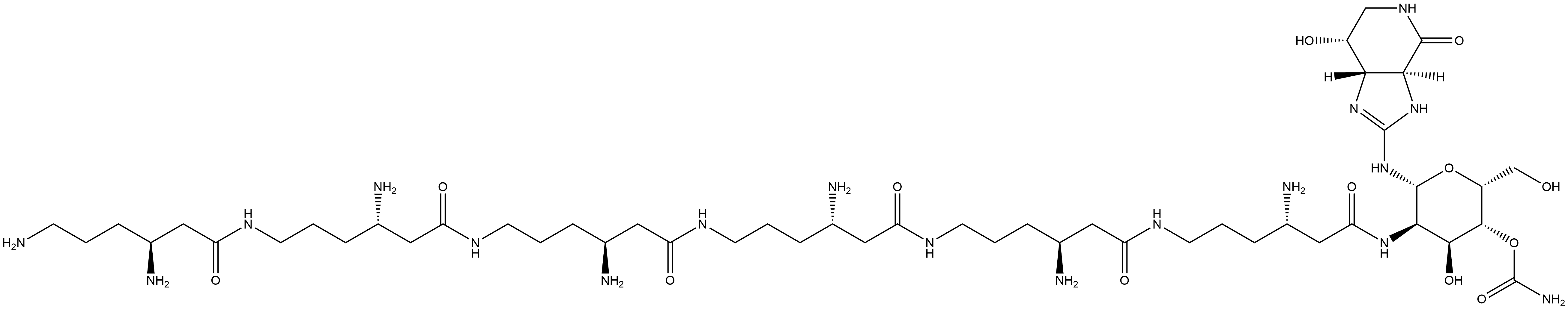 4H-Imidazo[4,5-c]pyridin-4-one, 2-[[4-O-(aminocarbonyl)-2-deoxy-2-[[(3S,10S,17S,24S,31S,38S)-3,10,17,24,31,38,41-heptaamino-1,8,15,22,29,36-hexaoxo-7,14,21,28,35-pentaazahentetracont-1-yl]amino]-β-D-gulopyranosyl]amino]-3,3a,5,6,7,7a-hexahydro-7-hydroxy-, (3aS,7R,7aS)- 结构式
