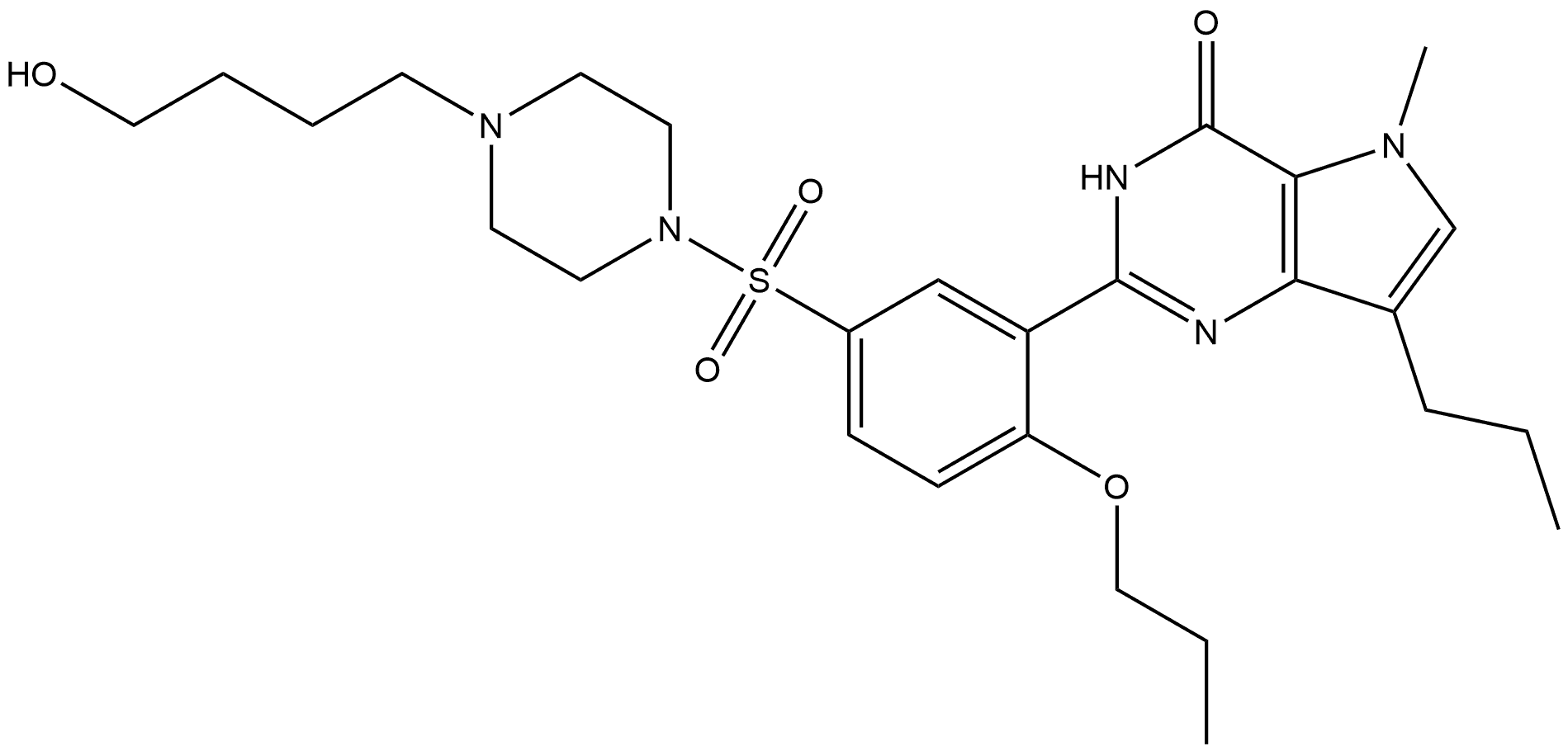3,5-Dihydro-2-[5-[[4-(4-hydroxybutyl)-1-piperazinyl]sulfonyl]-2-propoxyphenyl]-5-methyl-7-propyl-4H-pyrrolo[3,2-d]pyrimidin-4-one 化学構造式