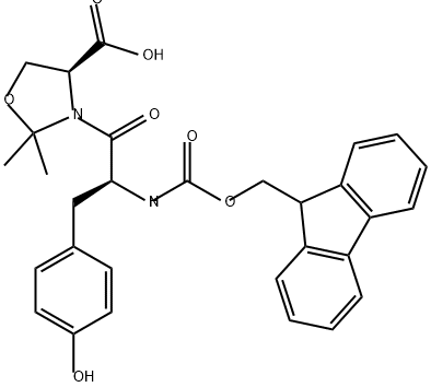 4-Oxazolidinecarboxylic acid, 3-[(2S)-2-[[(9H-fluoren-9-ylmethoxy)carbonyl]amino]-3-(4-hydroxyphenyl)-1-oxopropyl]-2,2-dimethyl-, (4S)- Struktur
