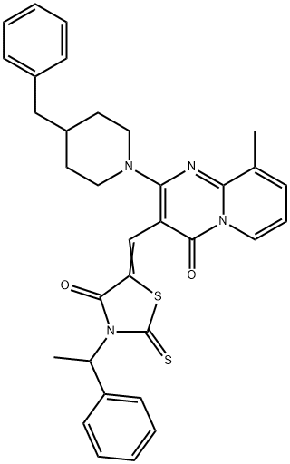 (5Z)-5-[[2-(4-benzylpiperidin-1-yl)-9-methyl-4-oxopyrido[1,2-a]pyrimidin-3-yl]methylidene]-3-(1-phenylethyl)-2-sulfanylidene-1,3-thiazolidin-4-one Structure