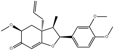 rel-2,3,3a,4-テトラヒドロ-2β*-(3,4-ジメトキシフェニル)-3β*-メチル-3aα*-(2-プロペニル)-5β*-メトキシベンゾフラン-6(5H)-オン 化学構造式