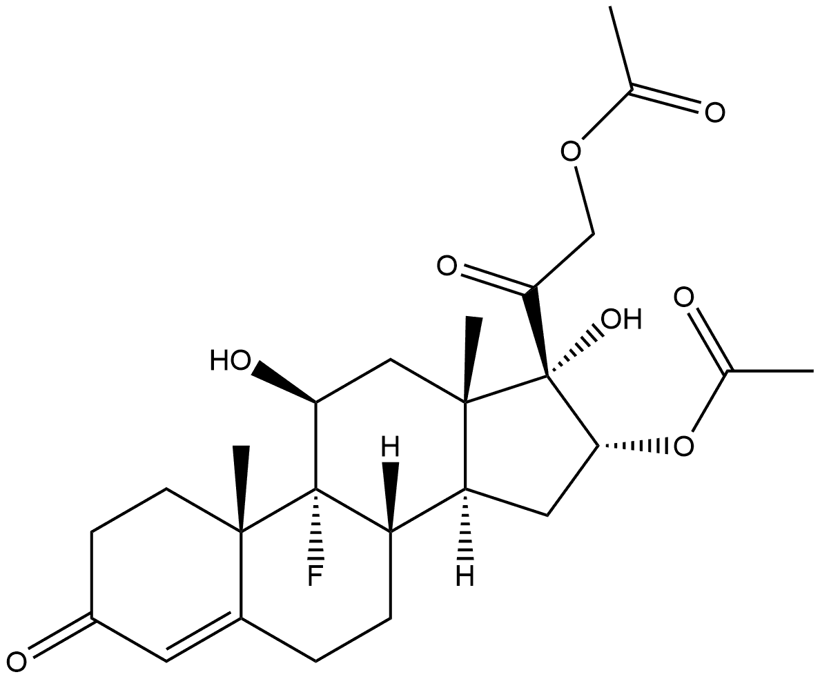 Pregn-4-ene-3,20-dione, 16,21-bis(acetyloxy)-9-fluoro-11,17-dihydroxy-, (11β,16α)- (9CI) 化学構造式