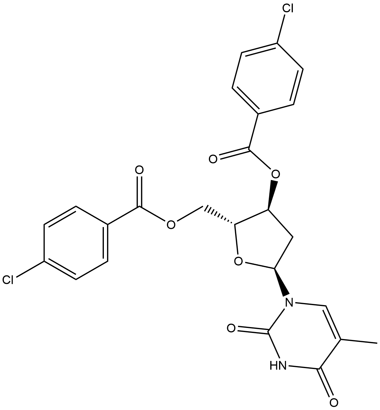 2,4(1H,3H)-Pyrimidinedione, 1-[3,5-bis-O-(4-chlorobenzoyl)-2-deoxy-α-D-erythro-pentofuranosyl]-5-methyl- Structure