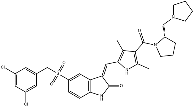 2H-Indol-2-one, 5-[[(3,5-dichlorophenyl)methyl]sulfonyl]-3-[[3,5-dimethyl-4-[[(2S)-2-(1-pyrrolidinylmethyl)-1-pyrrolidinyl]carbonyl]-1H-pyrrol-2-yl]methylene]-1,3-dihydro-, (3Z)- Structure