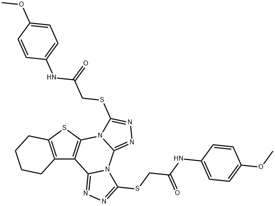 2,2'-((10,11,12,13-tetrahydrobenzo[4,5]thieno[3,2-e]bis([1,2,4]triazolo)[4,3-a:4',3'-c]pyrimidine-3,7-diyl)bis(sulfanediyl))bis(N-(4-methoxyphenyl)acetamide) Structure