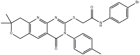 N-(4-bromophenyl)-2-[[8,8-dimethyl-3-(4-methylphenyl)-4-oxo-6,9-dihydropyrano[3,4]pyrido[3,5-b]pyrimidin-2-yl]sulfanyl]acetamide Structure