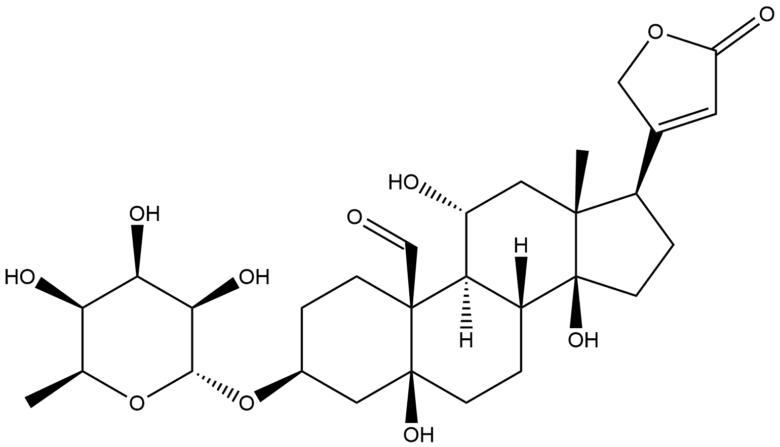 3β-[(6-デオキシ-α-L-タロピラノシル)オキシ]-5,11α,14-トリヒドロキシ-19-オキソ-5β-カルダ-20(22)-エノリド 化学構造式