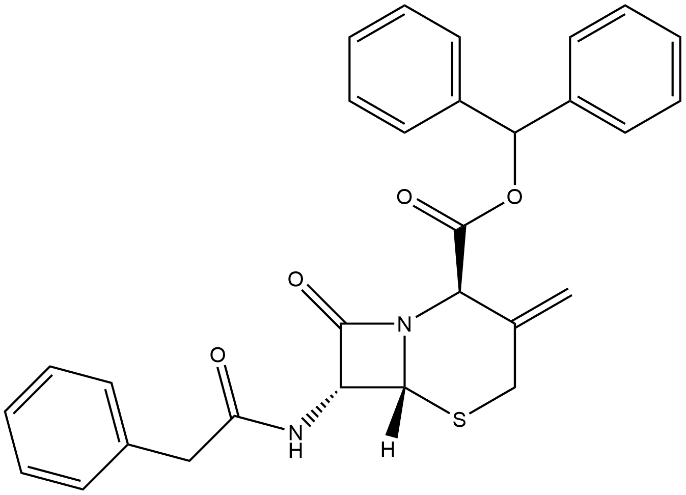 5-Thia-1-azabicyclo[4.2.0]octane-2-carboxylic acid, 3-methylene-8-oxo-7-[(phenylacetyl)amino]-, diphenylmethyl ester, [2R-(2α,6α,7β)]- (9CI) 化学構造式