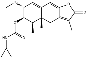 シクロプロピルカルバミド酸2-オキソ-3,4aβ,5β-トリメチル-7α-メトキシ-2,4,4a,5,6,7-ヘキサヒドロナフト[2,3-b]フラン-6β-イル 化学構造式
