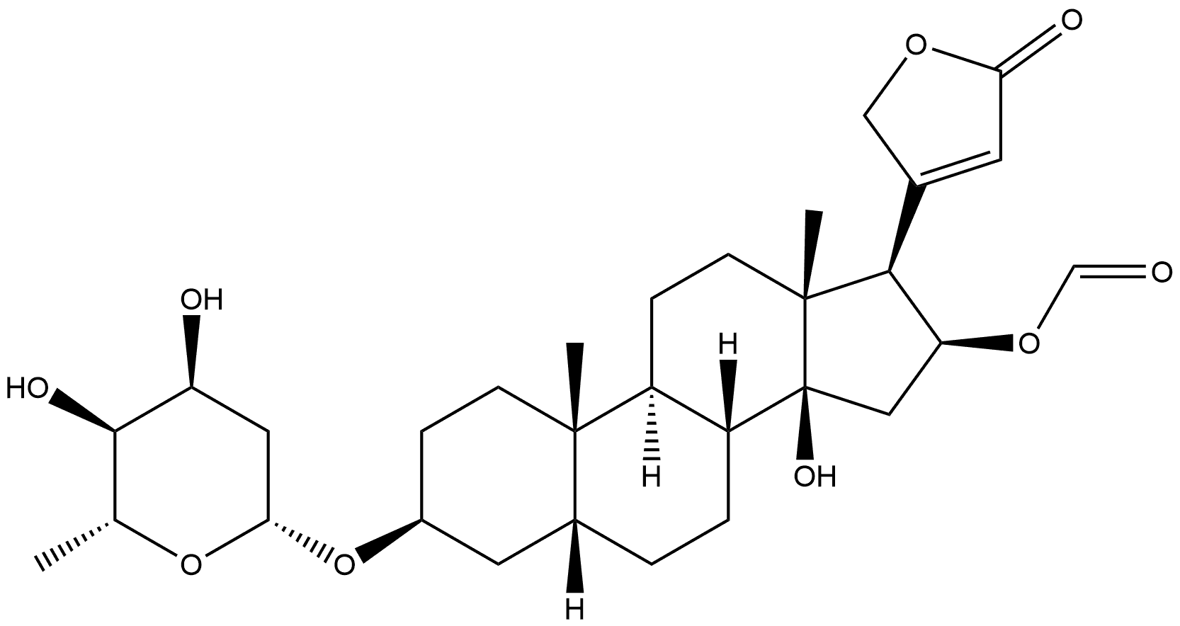 3β-[(2,6-ジデオキシ-β-D-ribo-ヘキソピラノシル)オキシ]-16β-(ホルミルオキシ)-14-ヒドロキシ-5β-カルダ-20(22)-エノリド 化学構造式