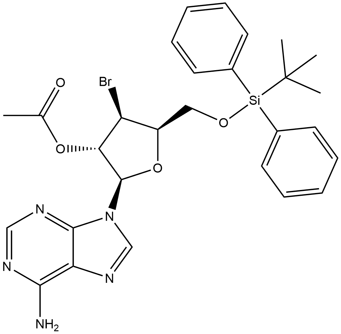 9H-Purin-6-amine, 9-[2-O-acetyl-3-bromo-3-deoxy-5-O-[(1,1-dimethylethyl)diphenylsilyl]-β-D-xylofuranosyl]- 结构式