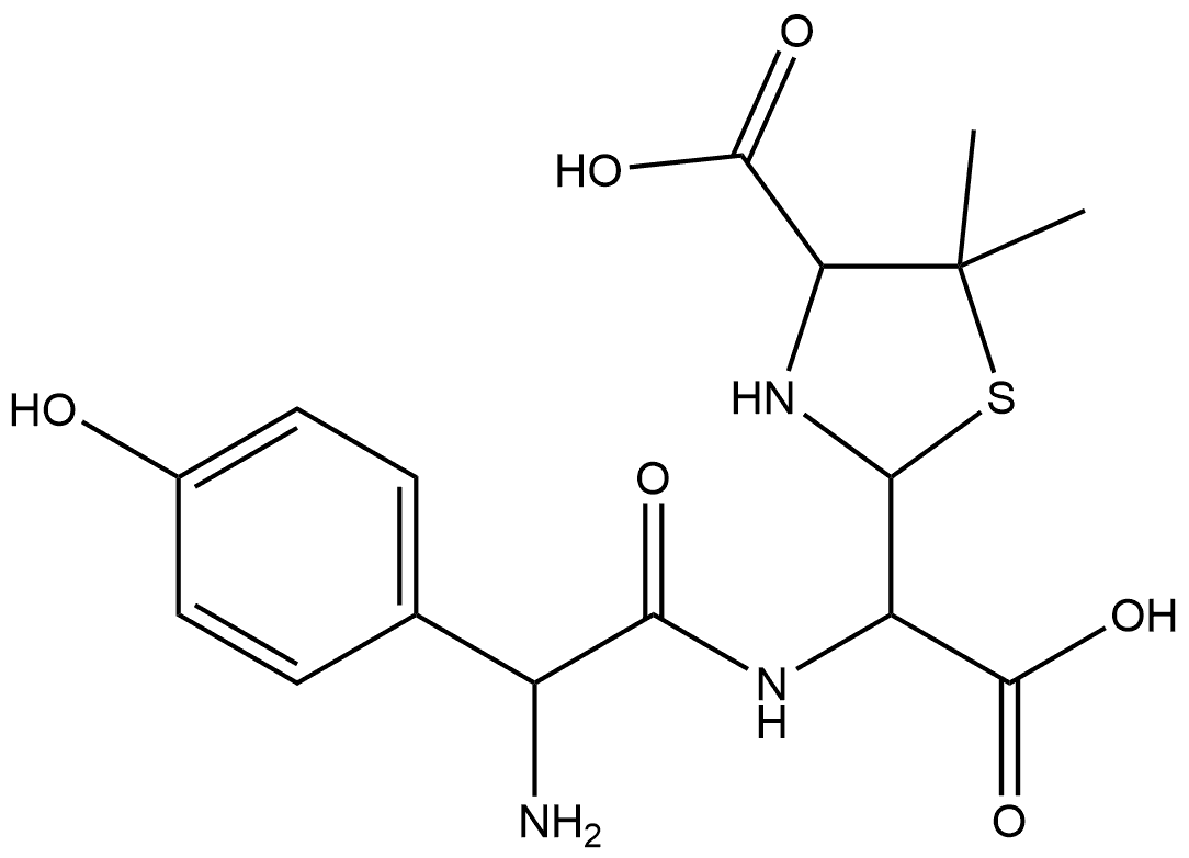 2-Thiazolidineacetic acid, α-[[2-amino-2-(4-hydroxyphenyl)acetyl]amino]-4-carboxy-5,5-dimethyl-,57457-65-5,结构式