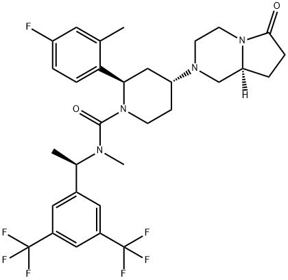 1-Piperidinecarboxamide, N-[(1R)-1-[3,5-bis(trifluoromethyl)phenyl]ethyl]-2-(4-fluoro-2-methylphenyl)-4-[(8aS)-hexahydro-6-oxopyrrolo[1,2-a]pyrazin-2(1H)-yl]-N-methyl-, (2R,4R)- Structure