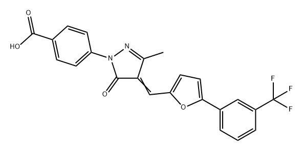 Benzoic acid, 4-[4,5-dihydro-3-methyl-5-oxo-4-[[5-[3-(trifluoromethyl)phenyl]-2-furanyl]methylene]-1H-pyrazol-1-yl]- Structure