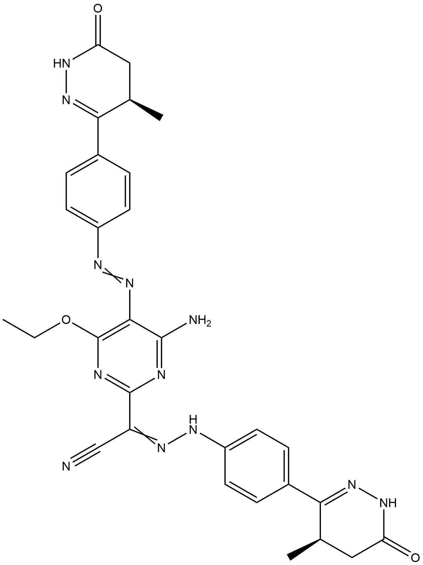 4-Amino-6-ethoxy-5-[[4-[(4R)-1,4,5,6-tetrahydro-4-methyl-6-oxo-3-pyridazinyl]phenyl]azo]-α-[[4-[(4R)-1,4,5,6-tetrahydro-4-methyl-6-oxo-3-pyridazinyl]phenyl]hydrazono]-2-pyrimidineacetonitrile Structure