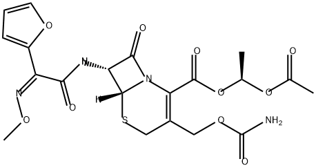5-Thia-1-azabicyclo[4.2.0]oct-2-ene-2-carboxylic acid, 3-[[(aminocarbonyl)oxy]methyl]-7-[[(2Z)-2-(2-furanyl)-2-(methoxyimino)acetyl]amino]-8-oxo-, (1S)-1-(acetyloxy)ethyl ester, (6R,7R)- Structure