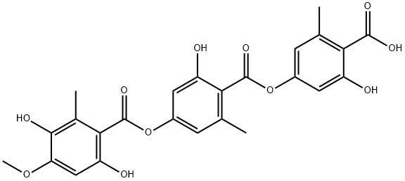 Benzoic acid, 4-[(3,6-dihydroxy-4-methoxy-2-methylbenzoyl)oxy]-2-hydroxy-6-methyl-, 4-carboxy-3-hydroxy-5-methylphenyl ester Struktur