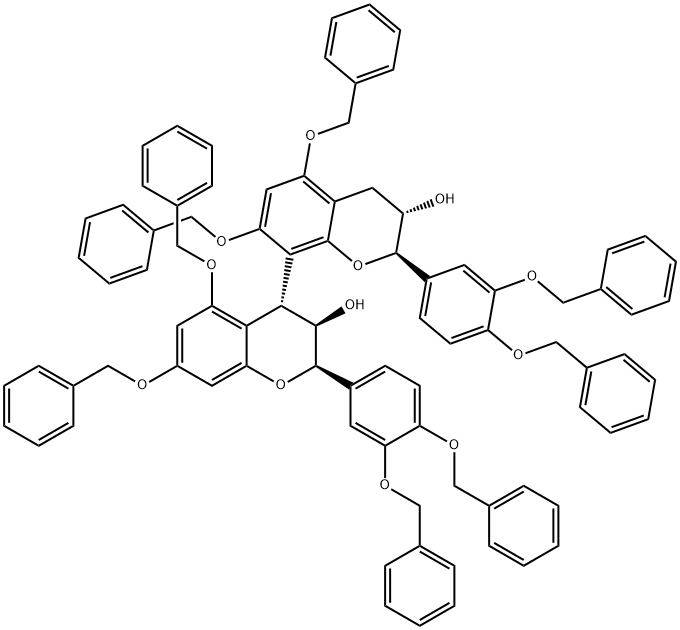 [4,8'-Bi-2H-1-benzopyran]-3,3'-diol, 2,2'-bis[3,4-bis(phenylmethoxy)phenyl]-3,3',4,4'-tetrahydro-5,5',7,7'-tetrakis(phenylmethoxy)-, (2R,2'R,3R,3'S,4R)- Structure