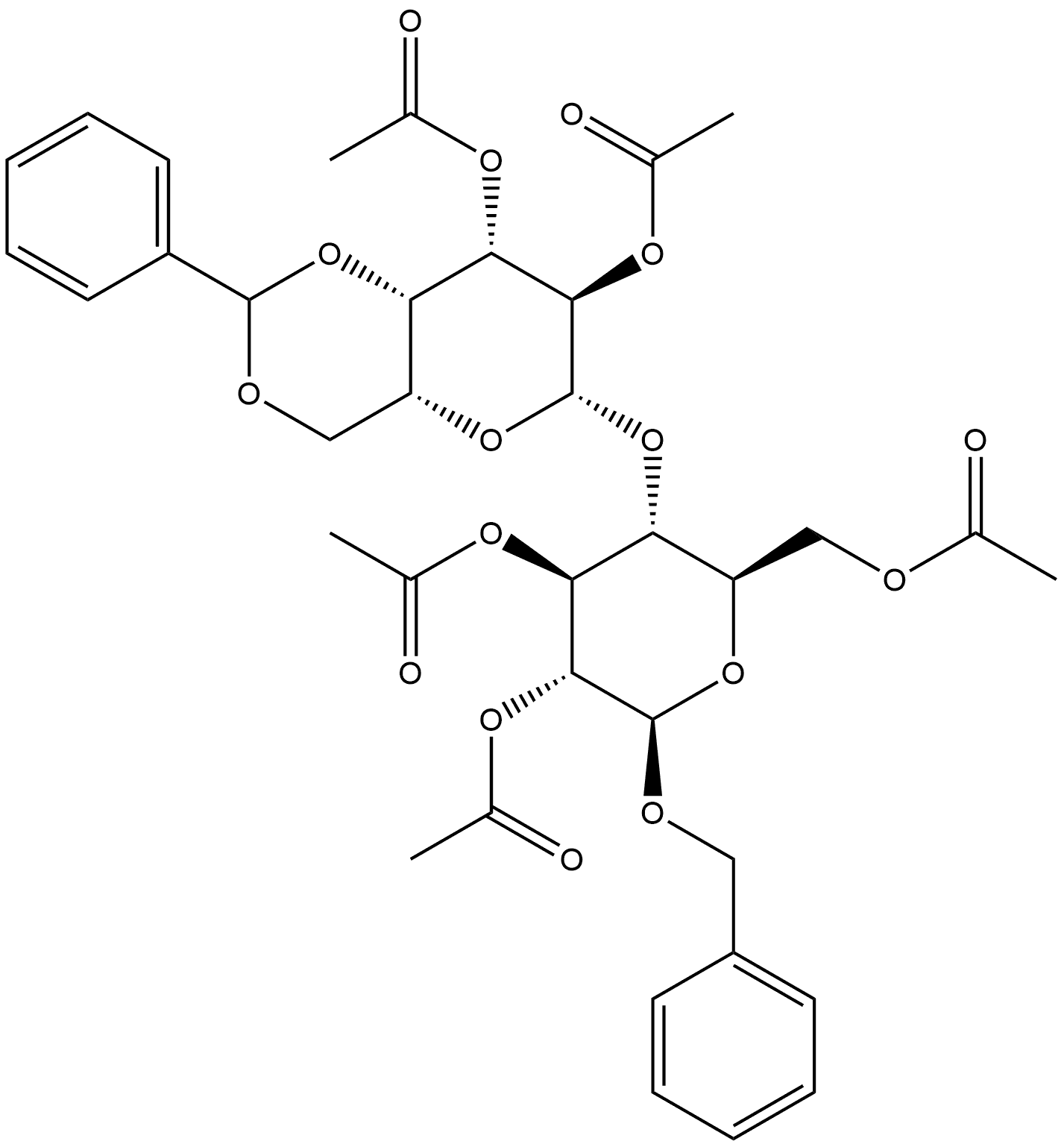 Benzyl 2,2',3,3',6-penta-O-acetyl-4',6'-O-benzylidene-β-D-lactoside 化学構造式