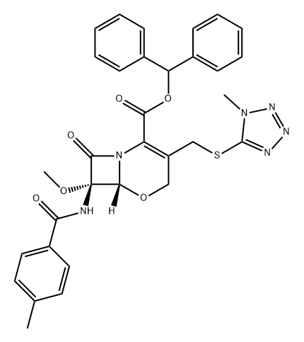 5-Oxa-1-azabicyclo[4.2.0]oct-2-ene-2-carboxylic acid, 7-methoxy-7-[(4-methylbenzoyl)amino]-3-[[(1-methyl-1H-tetrazol-5-yl)thio]methyl]-8-oxo-, diphenylmethyl ester, (6R-cis)- (9CI) Struktur