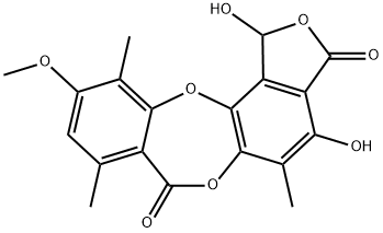 7H-Isobenzofuro[4,5-b][1,4]benzodioxepin-3,7(1H)-dione, 1,4-dihydroxy-10-methoxy-5,8,11-trimethyl- Struktur