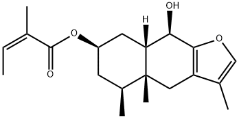 (Z)-2-メチル-2-ブテン酸(4aR)-4,4a,5,6,7,8,8aβ,9-オクタヒドロ-9α-ヒドロキシ-3,4aβ,5β-トリメチルナフト[2,3-b]フラン-7α-イル 化学構造式