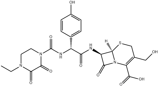 5-Thia-1-azabicyclo[4.2.0]oct-2-ene-2-carboxylic acid, 7-[[(2R)-2-[[(4-ethyl-2,3-dioxo-1-piperazinyl)carbonyl]amino]-2-(4-hydroxyphenyl)acetyl]amino]-3-(hydroxymethyl)-8-oxo-, (6R,7R)- Struktur