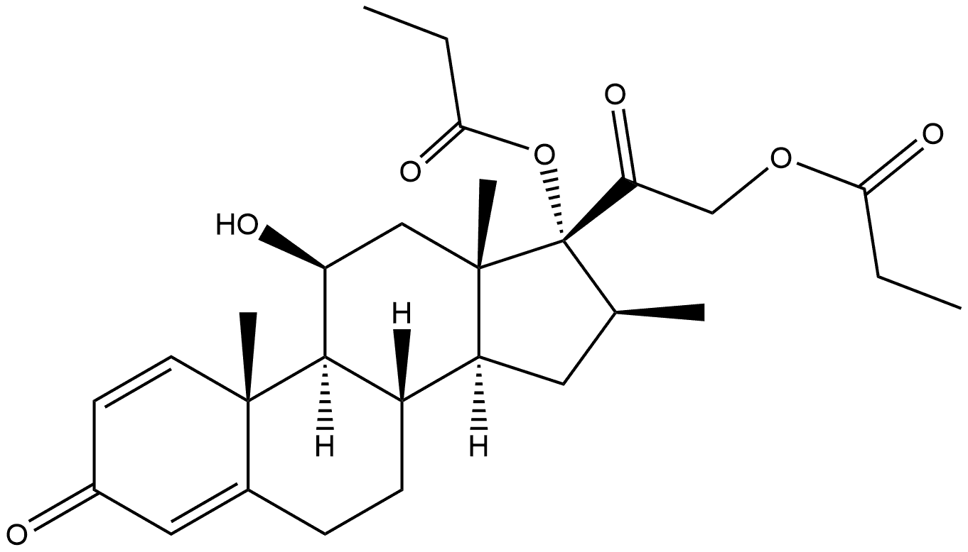 Pregna-1,4-diene-3,20-dione, 11-hydroxy-16-methyl-17,21-bis(1-oxopropoxy)-, (11β,16β)- Struktur